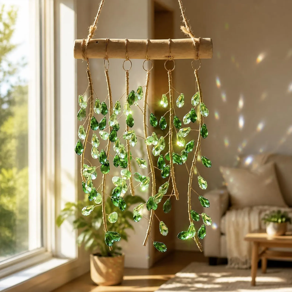 Suncatcher cu cristale sub formă de frunze verzi, decor suspendat boho