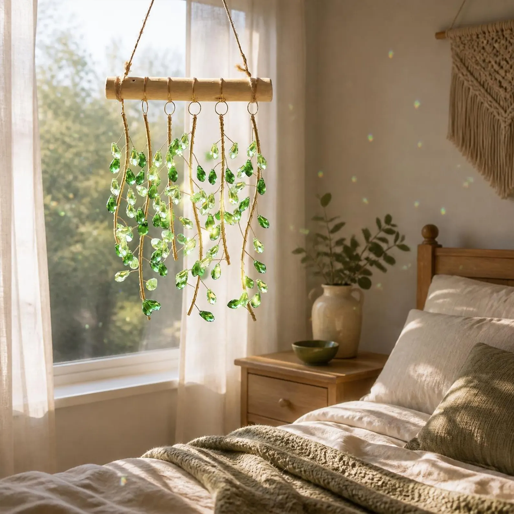 Suncatcher cu cristale sub formă de frunze verzi, decor suspendat boho