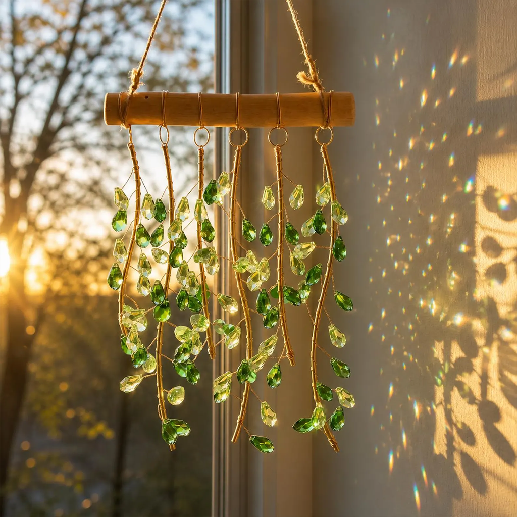Suncatcher cu cristale sub formă de frunze verzi, decor suspendat boho
