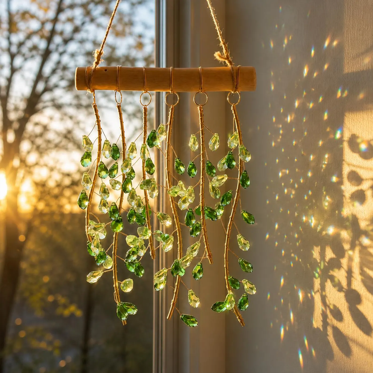 Suncatcher cu cristale sub formă de frunze verzi, decor suspendat boho