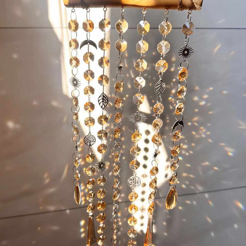 Clopoțel de vânt cu cristale chihlimbar și frunze, suncatcher pentru grădină
